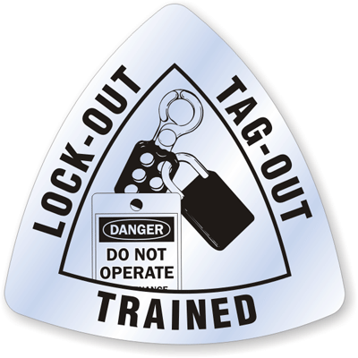 Lock Out Tag Out Trained Helmet Decals- Triangle Shape, SKU - HH-0348