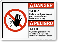 Bilingual Follow Confined Space Entry Procedures Danger Sign