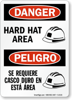 Danger Hard Hat Area Sign Bilingual