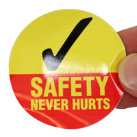 Hard hat sticker promoting safety awareness