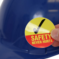 Hard hat decal with bold text for enhanced visibility
